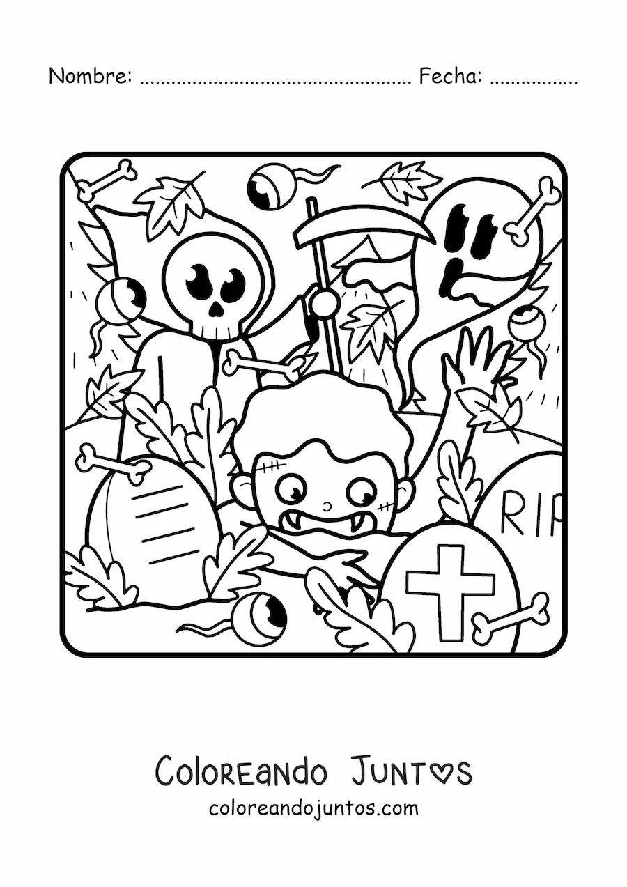 Imagen para colorear de la muerte con un fantasma y un zombie de Halloween asustando a un niño