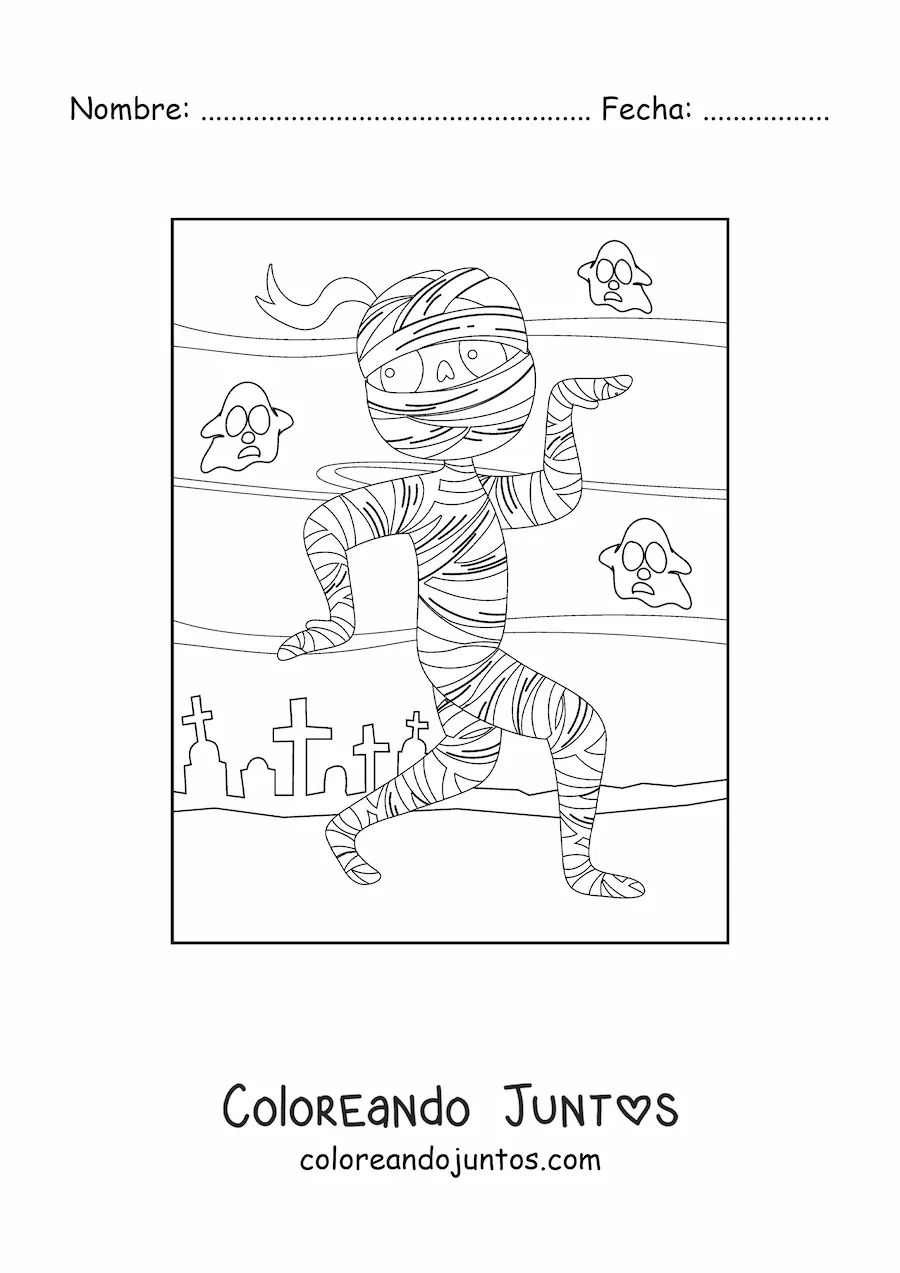 Imagen para colorear de momia de Halloween caminando
