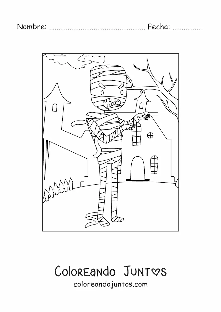 Imagen para colorear de momia de Halloween con casa embrujada