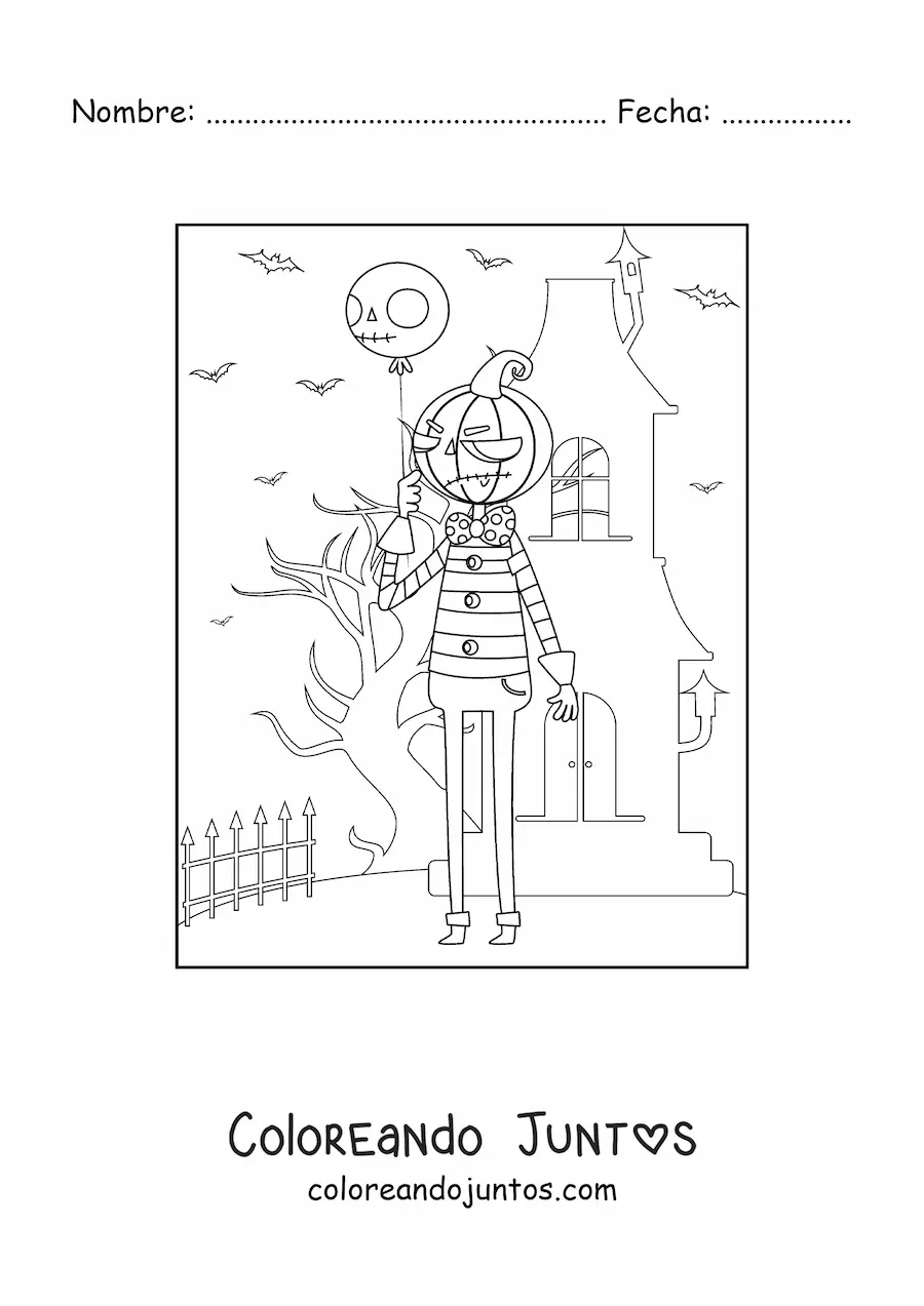 Imagen para colorear de monstruo de Halloween sosteniendo un globo frente a una mansión embrujada