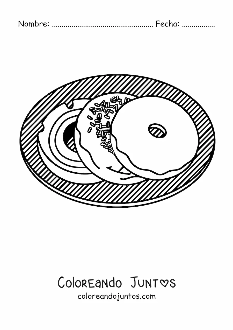 Imagen para colorear de tres donas en un plato