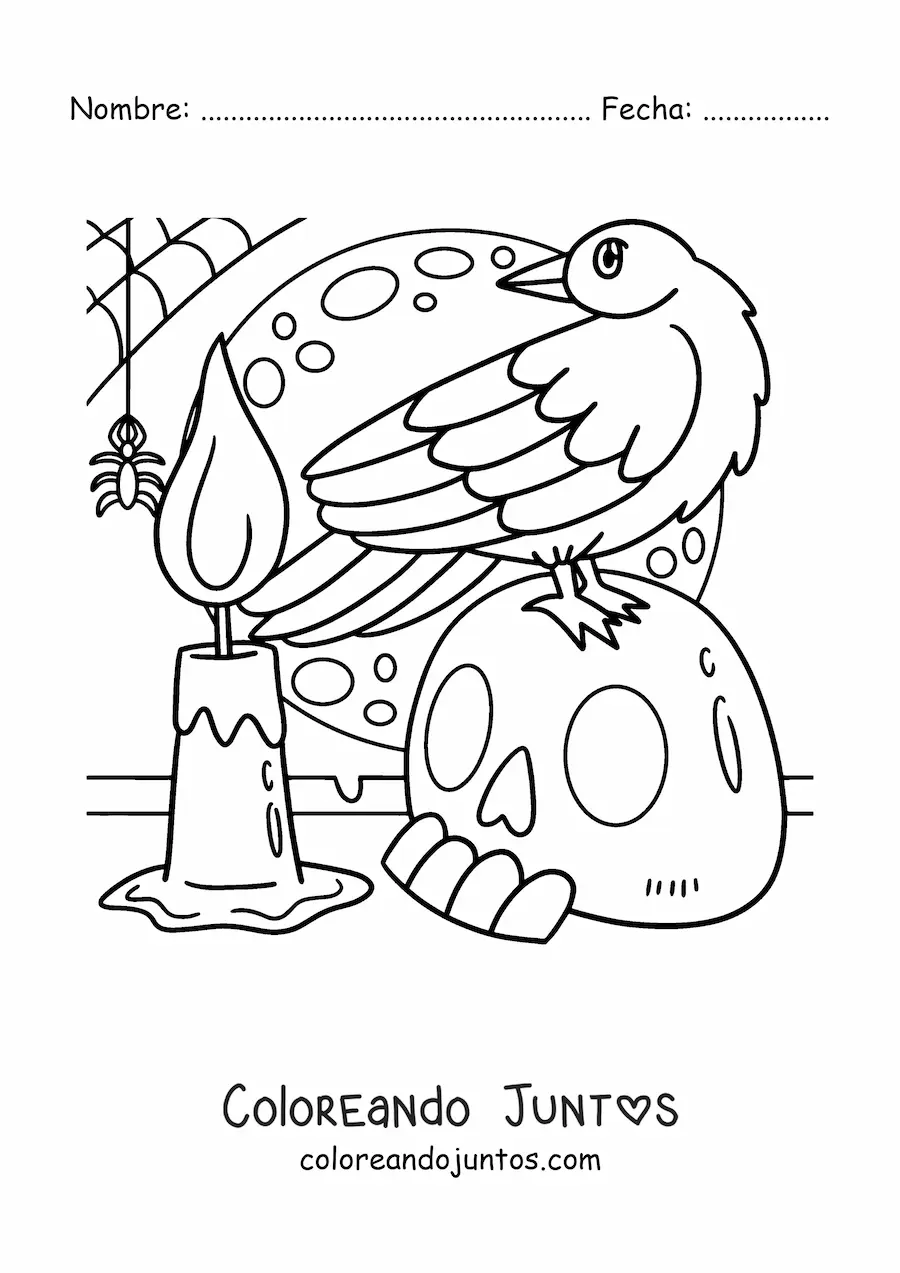 Imagen para colorear de araña de Halloween con cuervo y una calavera