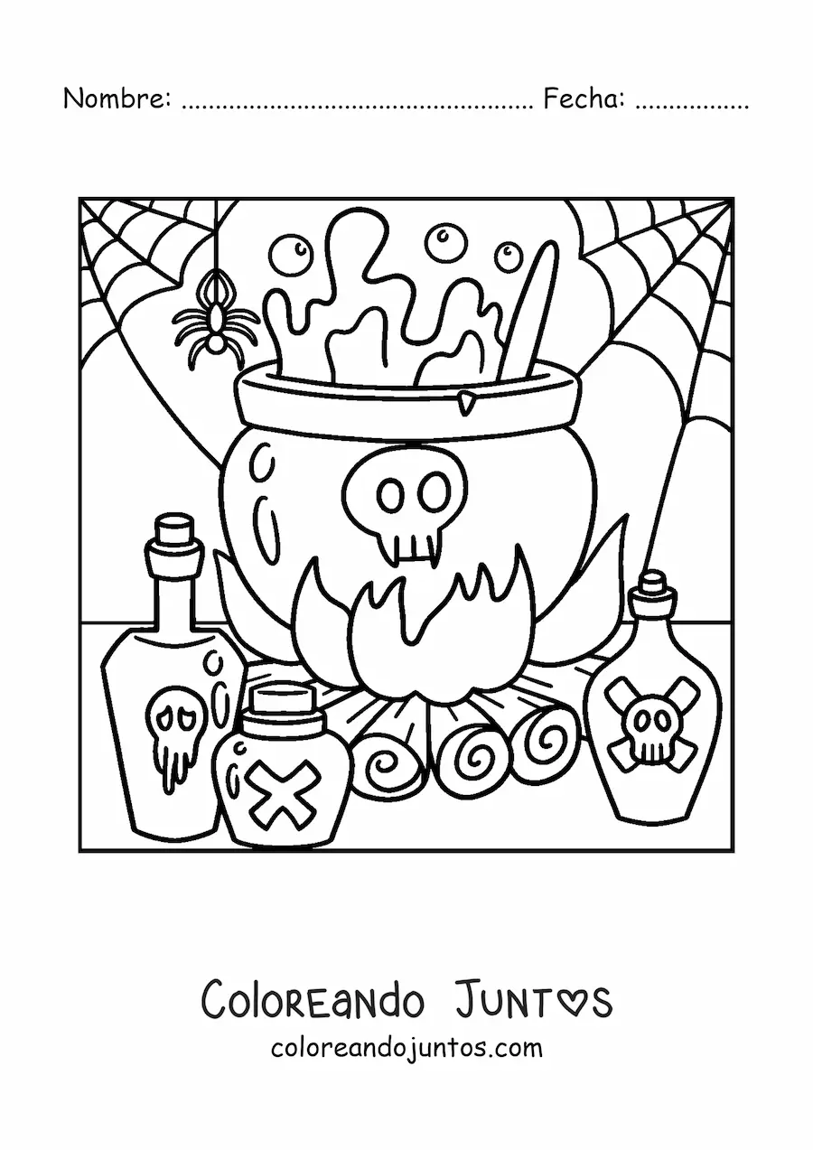 Imagen para colorear de araña con caldero de Halloween