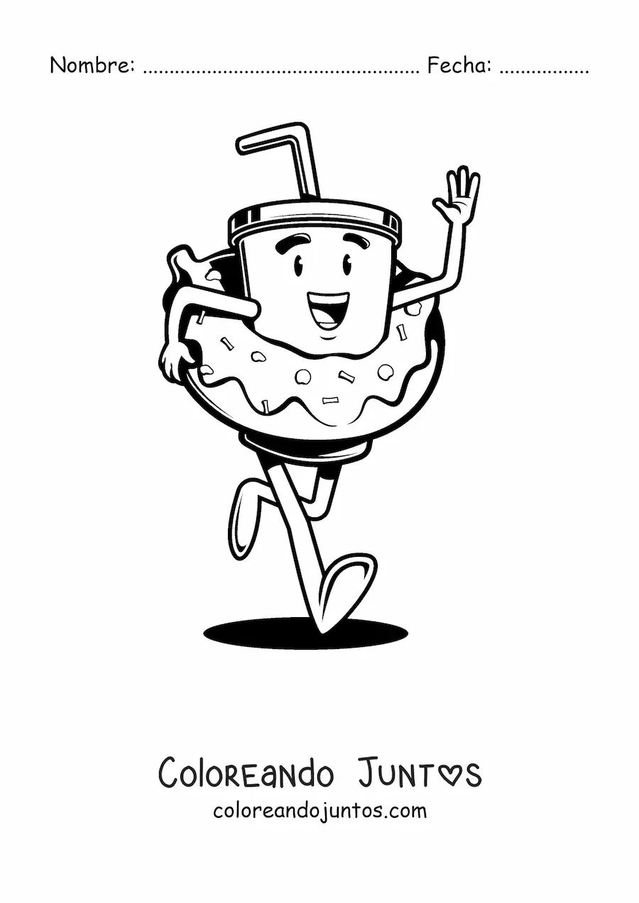 Imagen para colorear de un vaso con popote animado corriendo con una dona