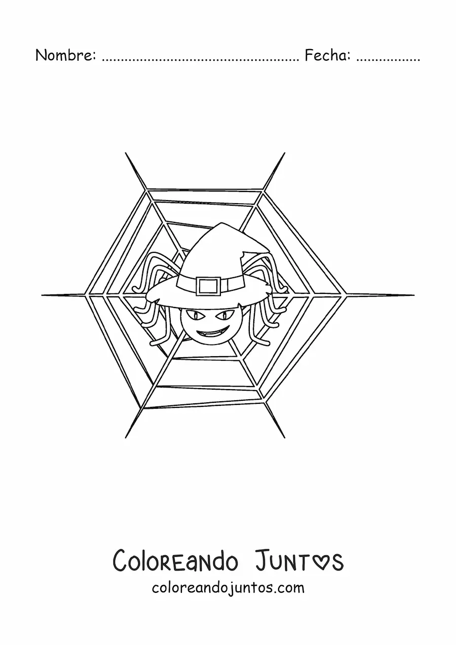 Imagen para colorear de araña animada con sombrero de bruja de Halloween