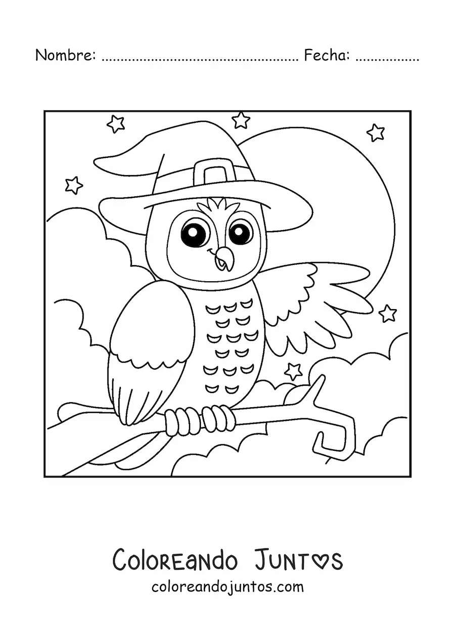 Imagen para colorear de búho animado de Halloween con sombrero de bruja frente a la Luna