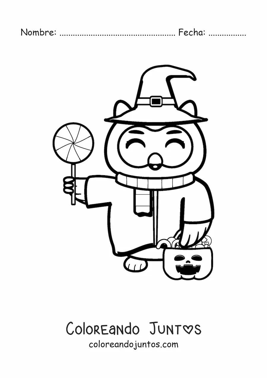Imagen para colorear de búho kawaii de Halloween con dulces y sombrero de bruja