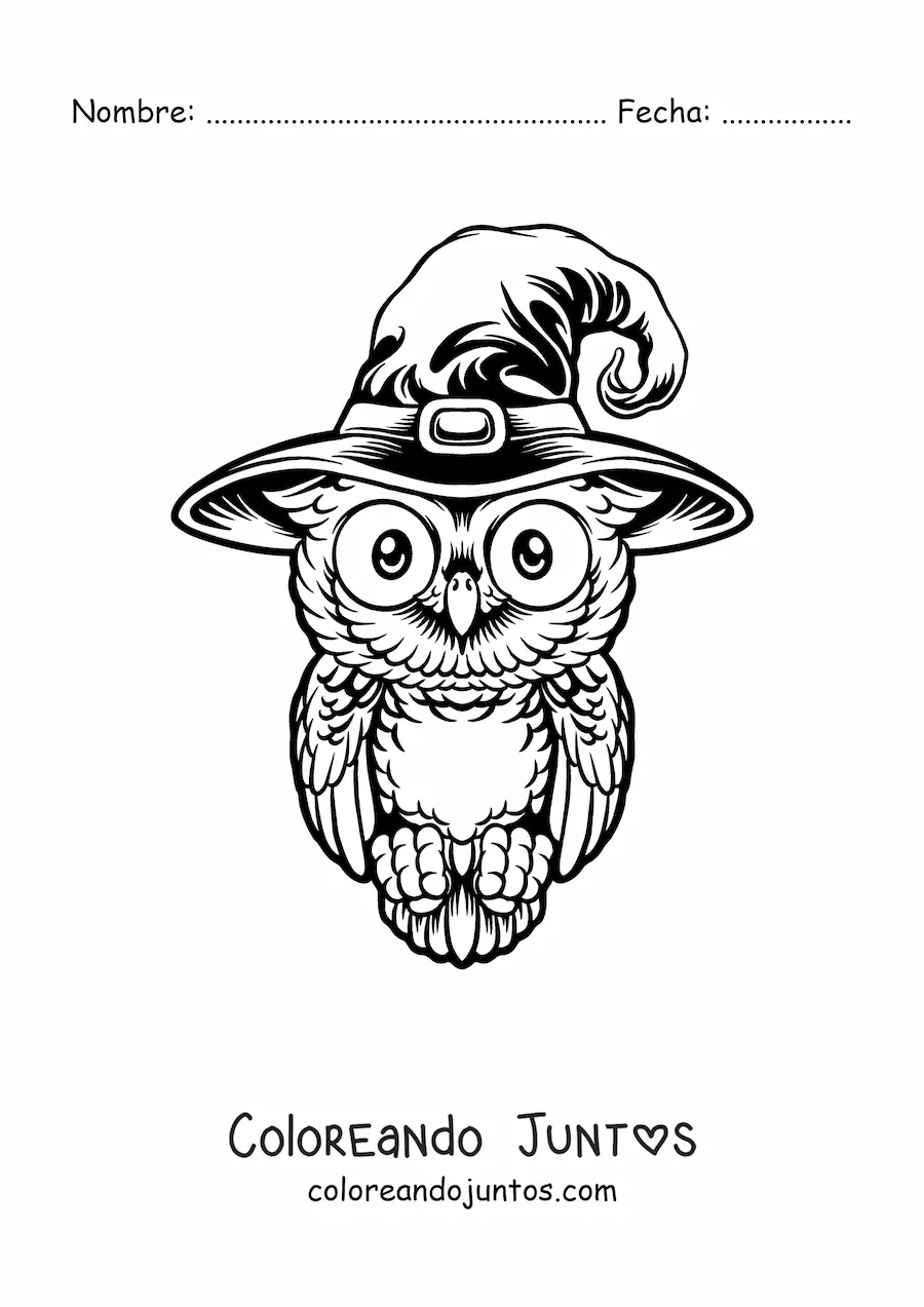 Imagen para colorear de búho realista de Halloween con sombrero de bruja