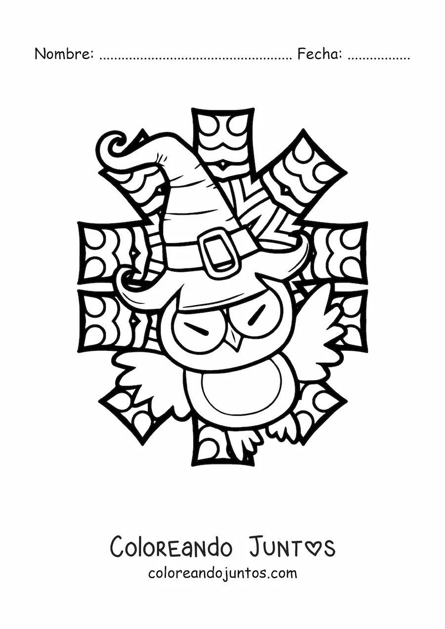 Imagen para colorear de caricatura de búho de Halloween con sombrero de bruja