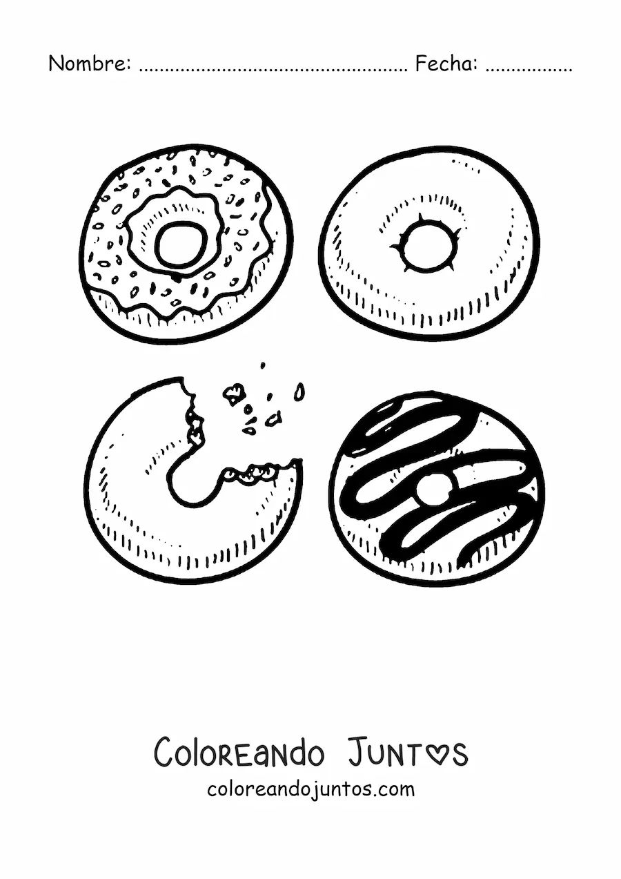 Imagen para colorear de cuatro donas variadas