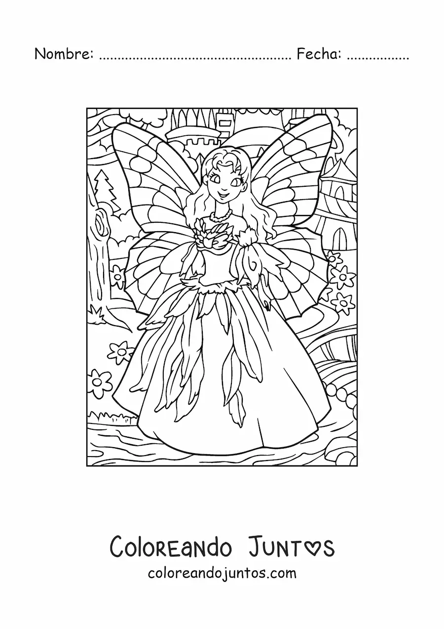 Imagen para colorear de hada princesa bonita en el bosque