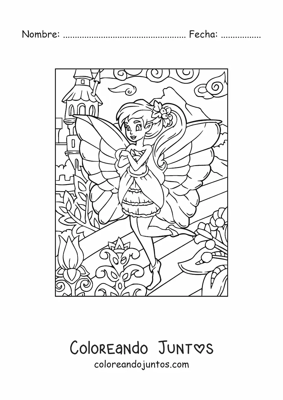Imagen para colorear de hada hermosa en jardín con flores