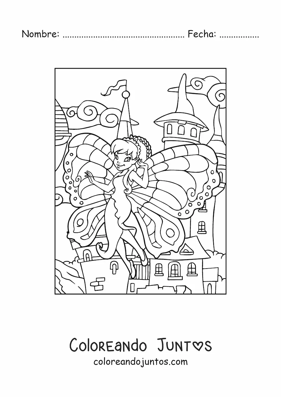 Imagen para colorear de hermosa hada mariposa volando en el castillo