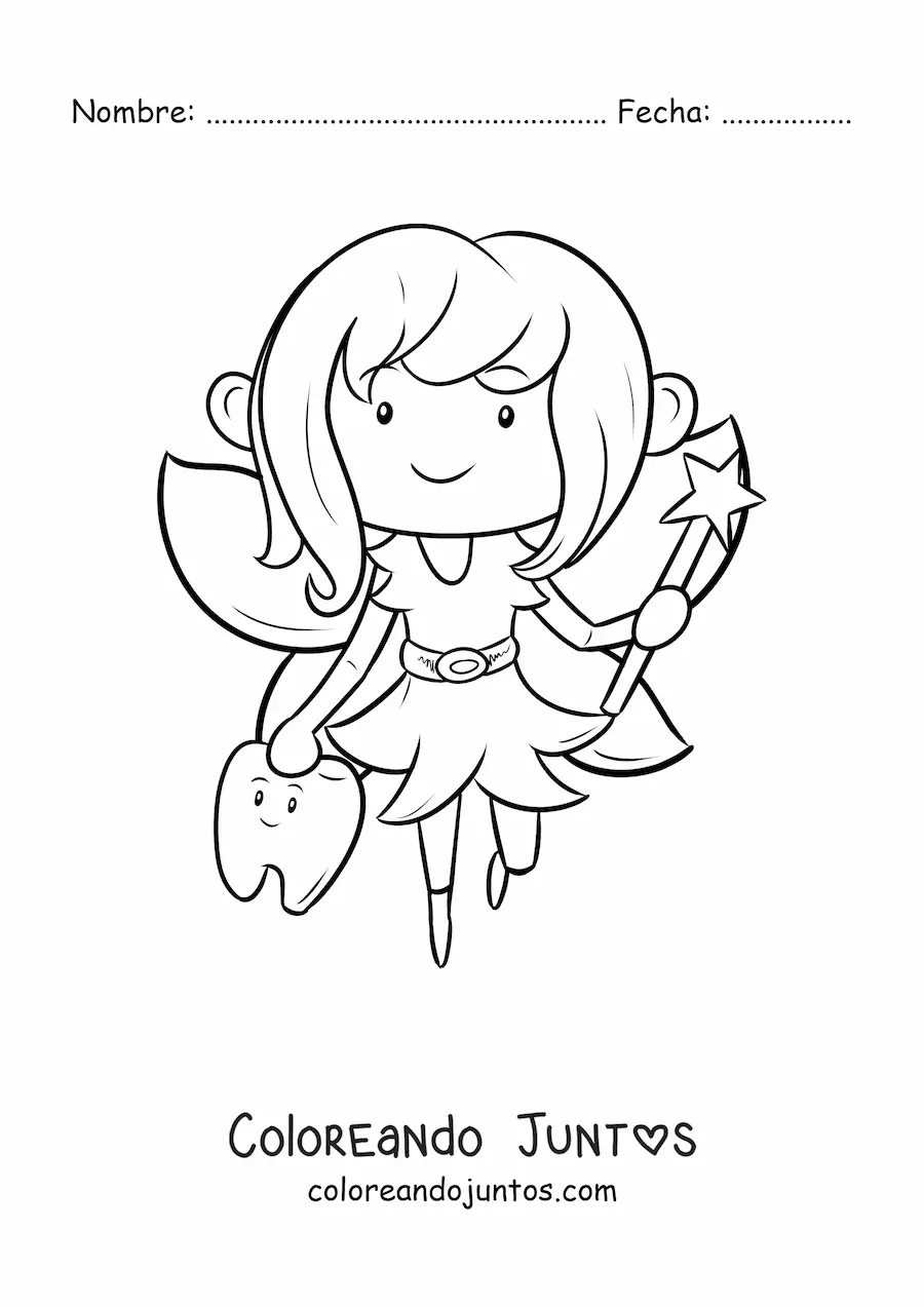 Imagen para colorear de hada de los dientes kawaii con un diente