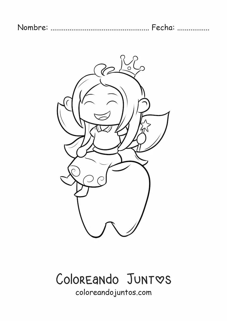 Imagen para colorear de hada de los dientes kawaii sentada en un diente