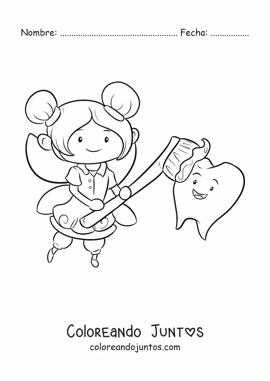 Imagen para colorear de hada de los dientes kawaii cepillando un diente