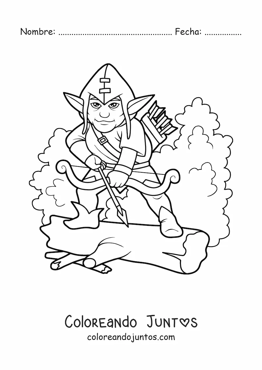 Imagen para colorear de duende mágico en el bosque con arco y flechas