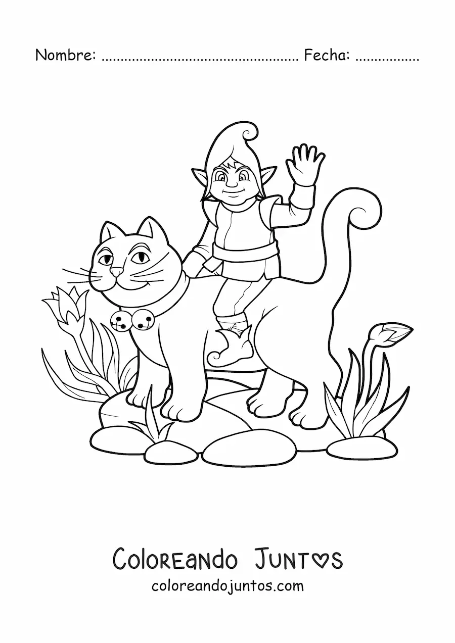 Imagen para colorear de duende mágico sentado sobre un gato