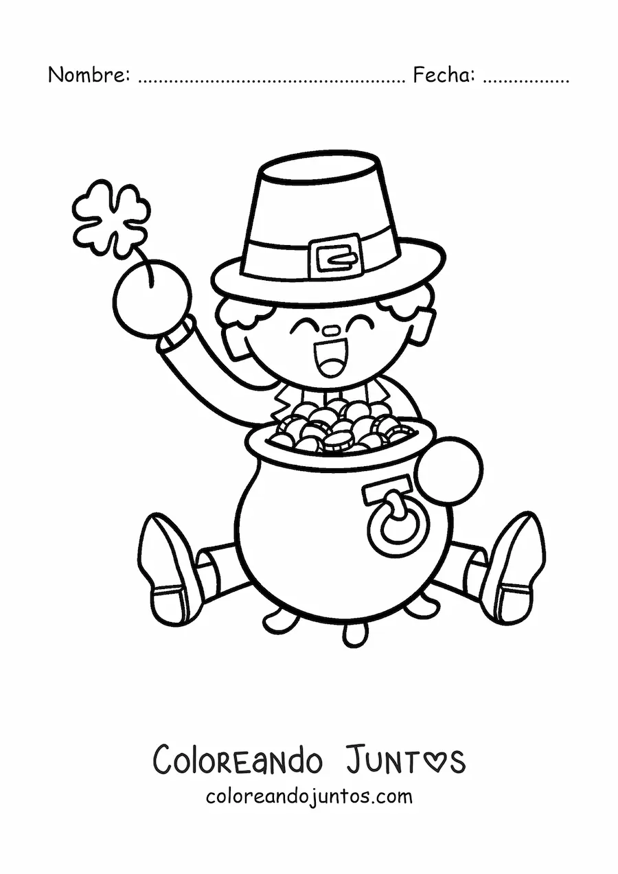 Imagen para colorear de duende irlandés con olla de oro