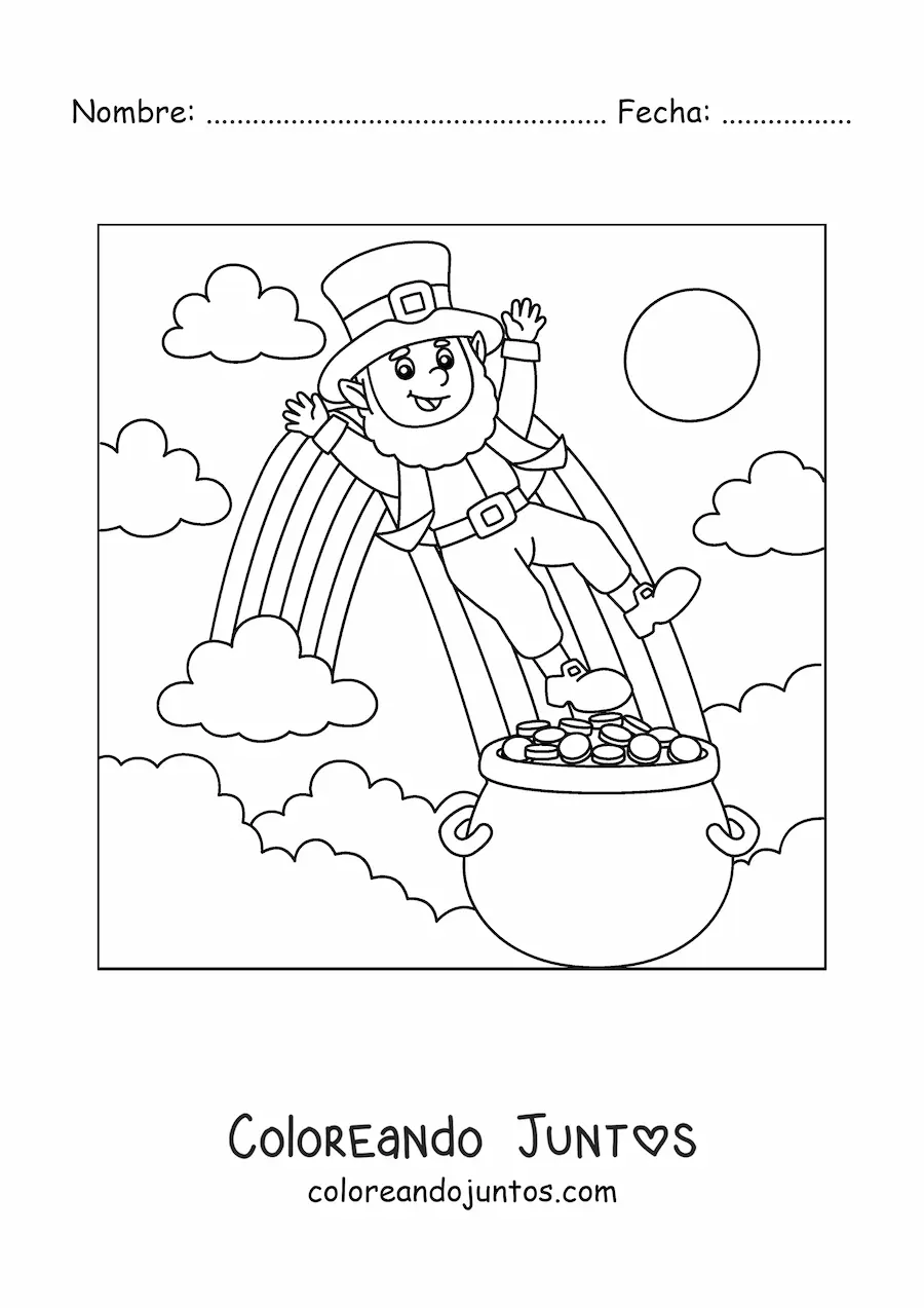 Imagen para colorear de duende con olla de oro al final del arcoíris