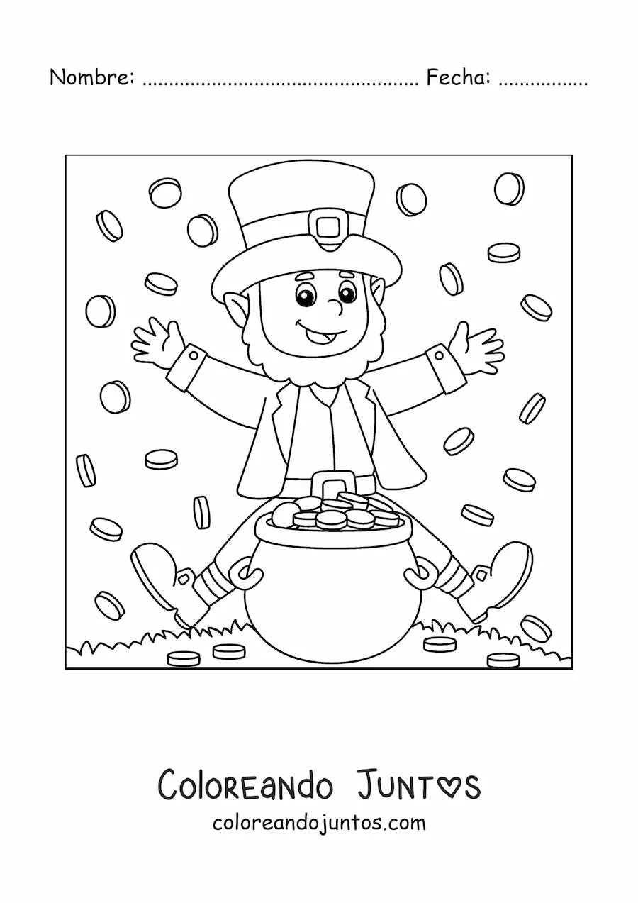 Imagen para colorear de duende feliz con olla de oro