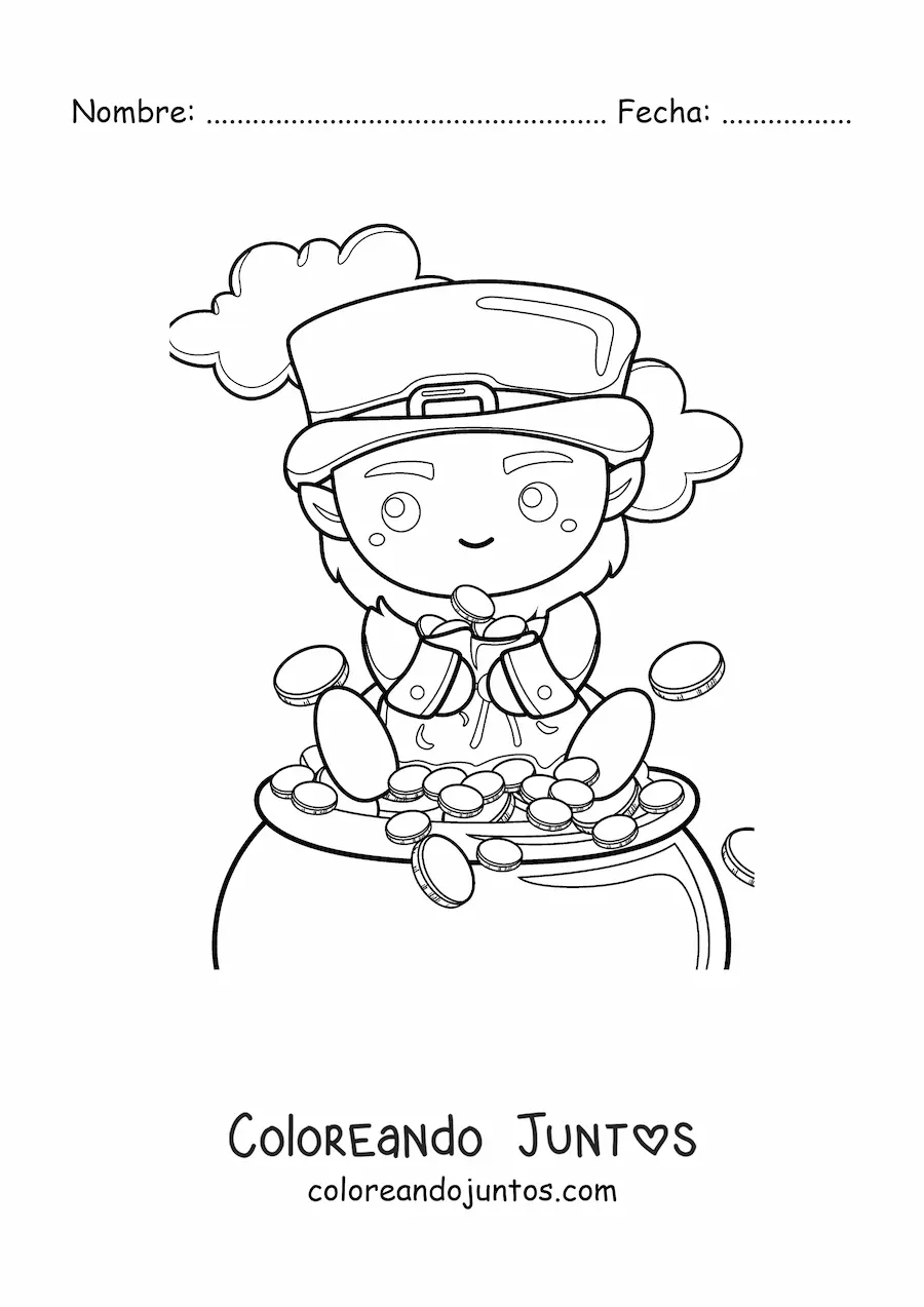 Imagen para colorear de duende kawaii sentado en su olla de oro