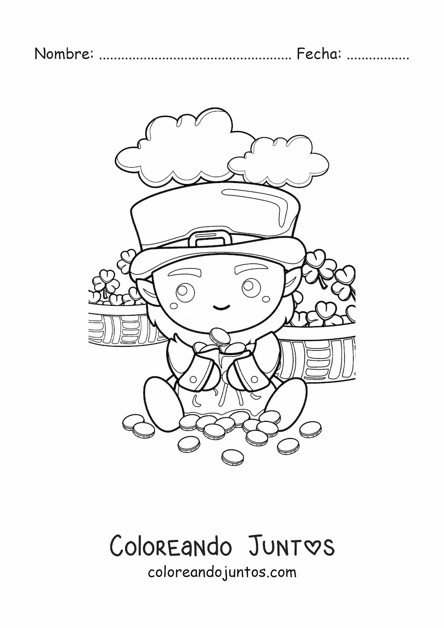 Imagen para colorear de duende de la suerte kawaii con oro y tréboles