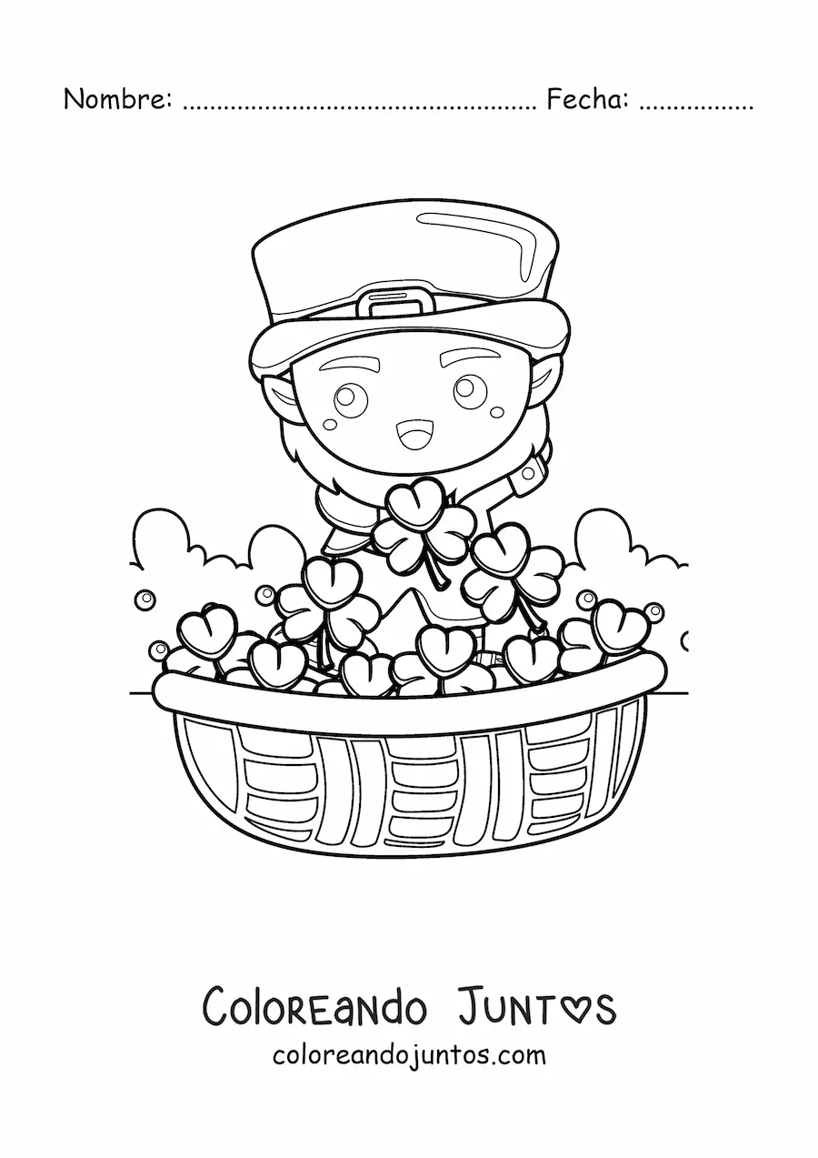 Imagen para colorear de duende irlandés kawaii con tréboles