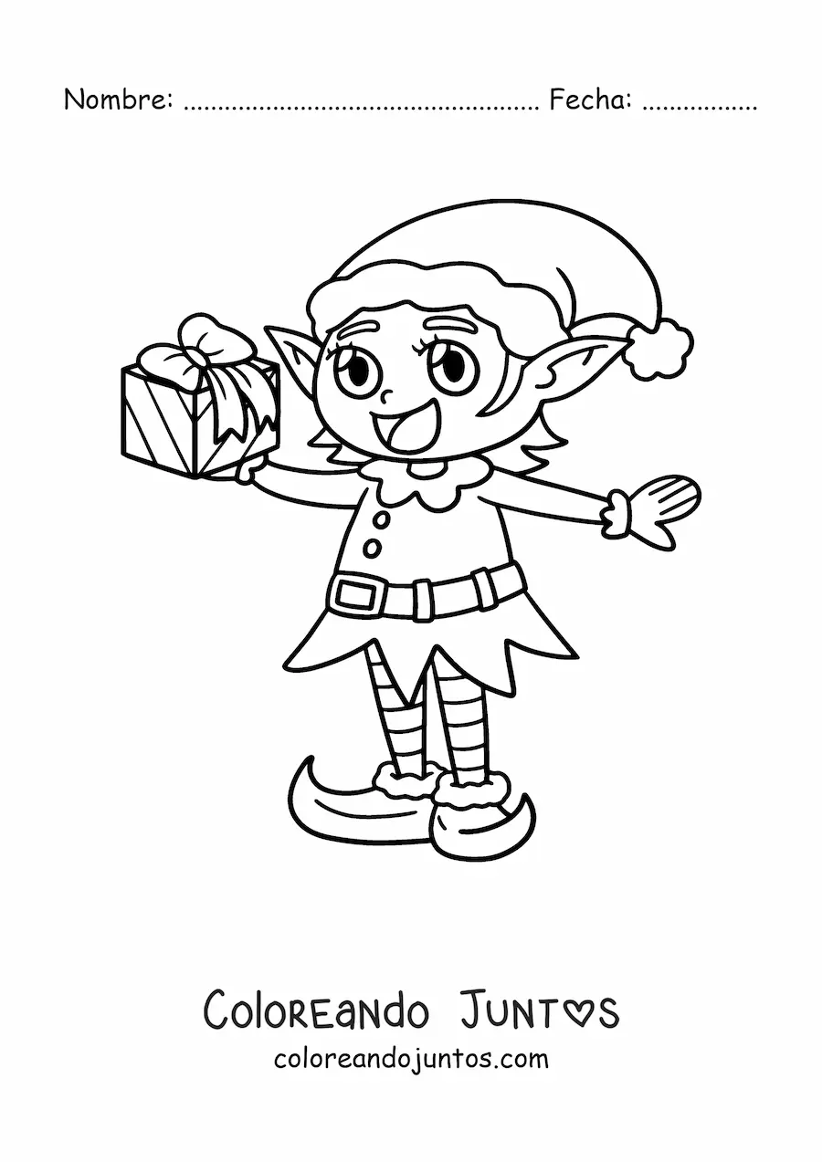 Imagen para colorear de duende mágico de Navidad con regalo