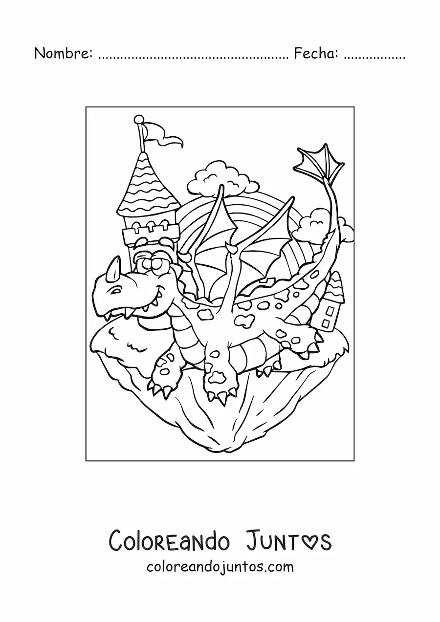 Imagen para colorear de dragón animado volando junto al castillo
