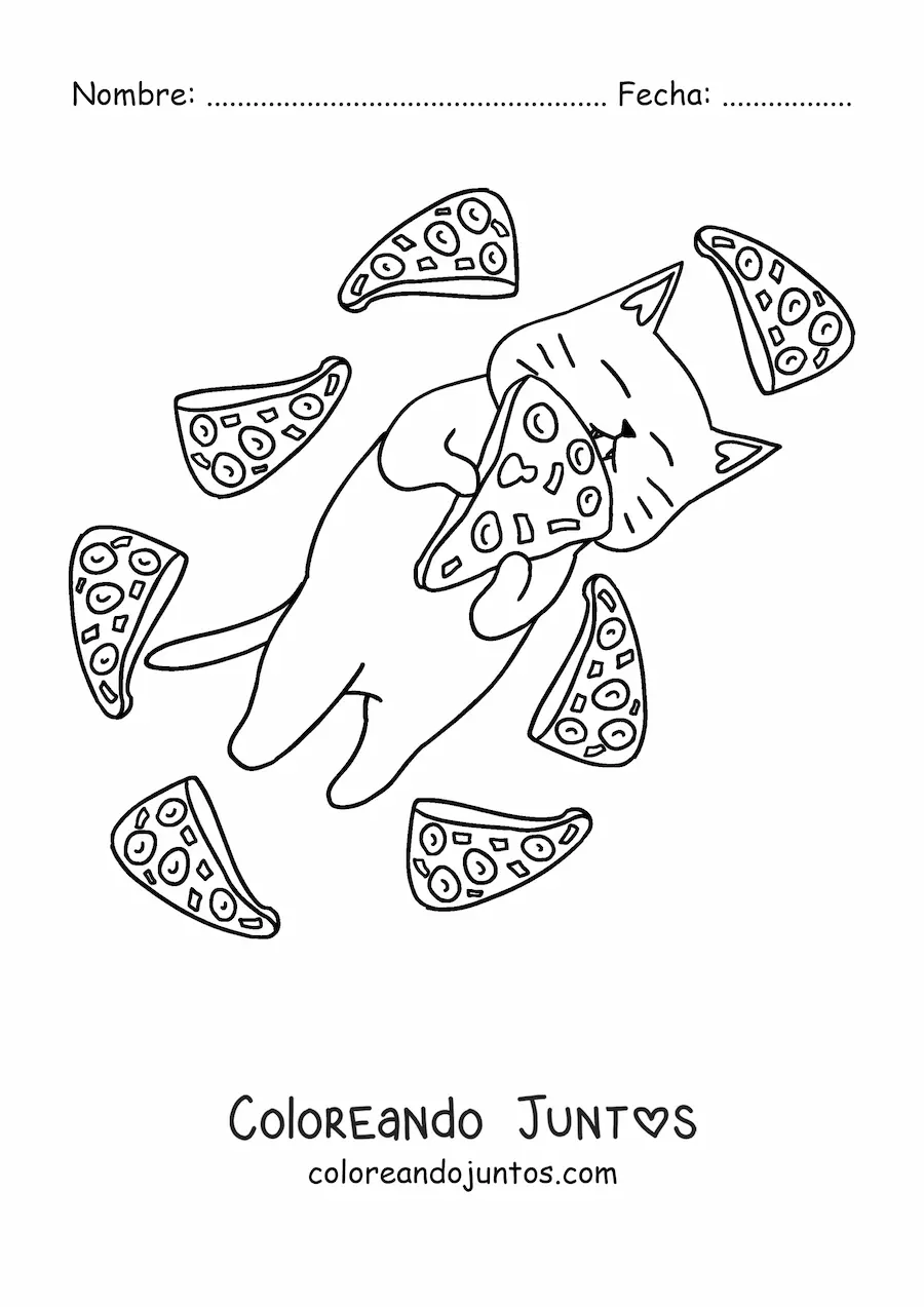 Imagen para colorear de un gato comiendo pizza rodeado de rebanadas de pizza