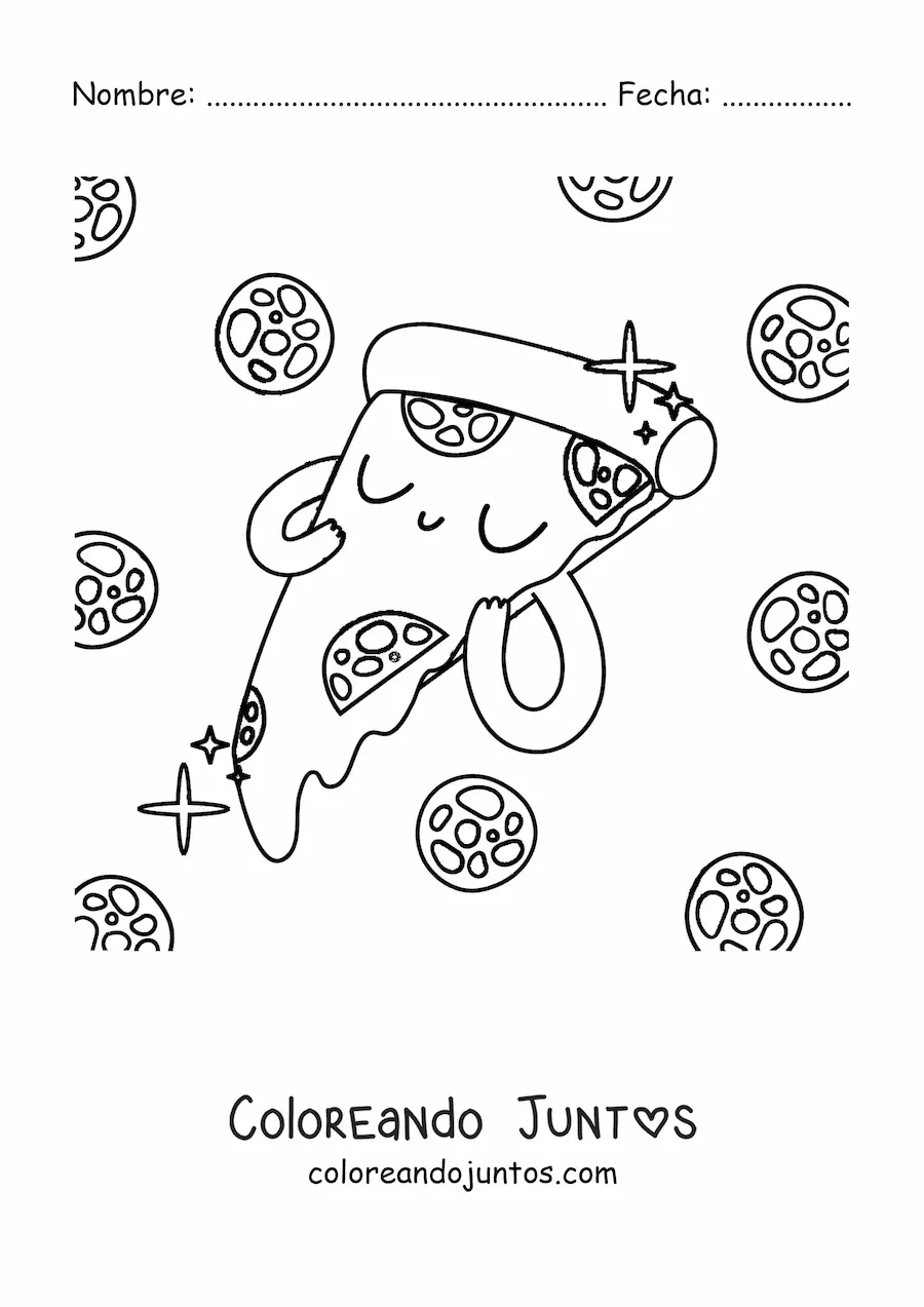 Imagen para colorear de una rebanada de pizza kawaii