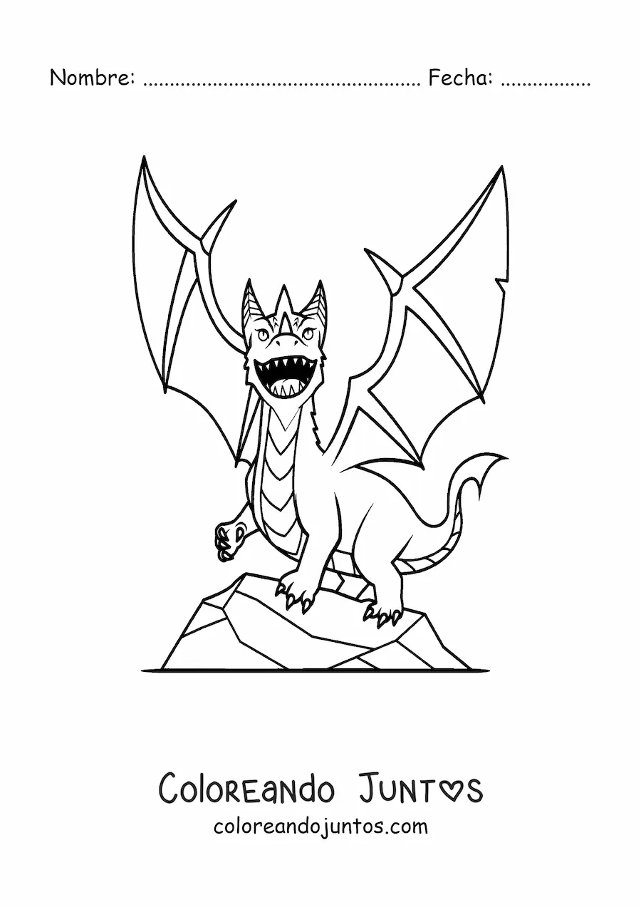 Imagen para colorear de dragón volador sobre una roca