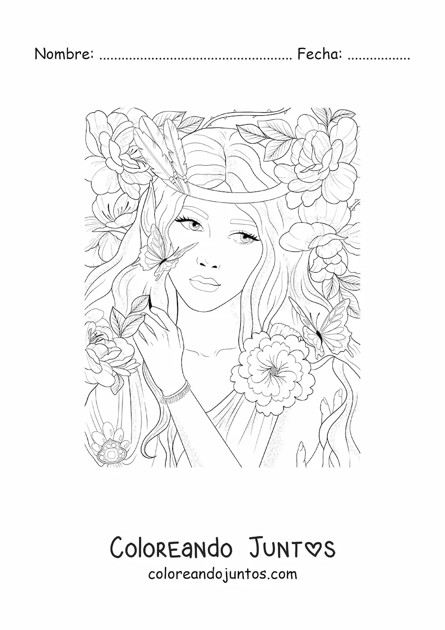 Imagen para colorear de elfo aesthetic con flores y mariposas