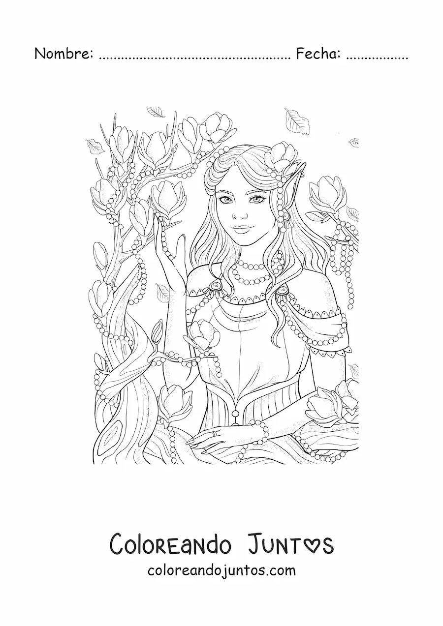 Imagen para colorear de elfo mitológico con flores