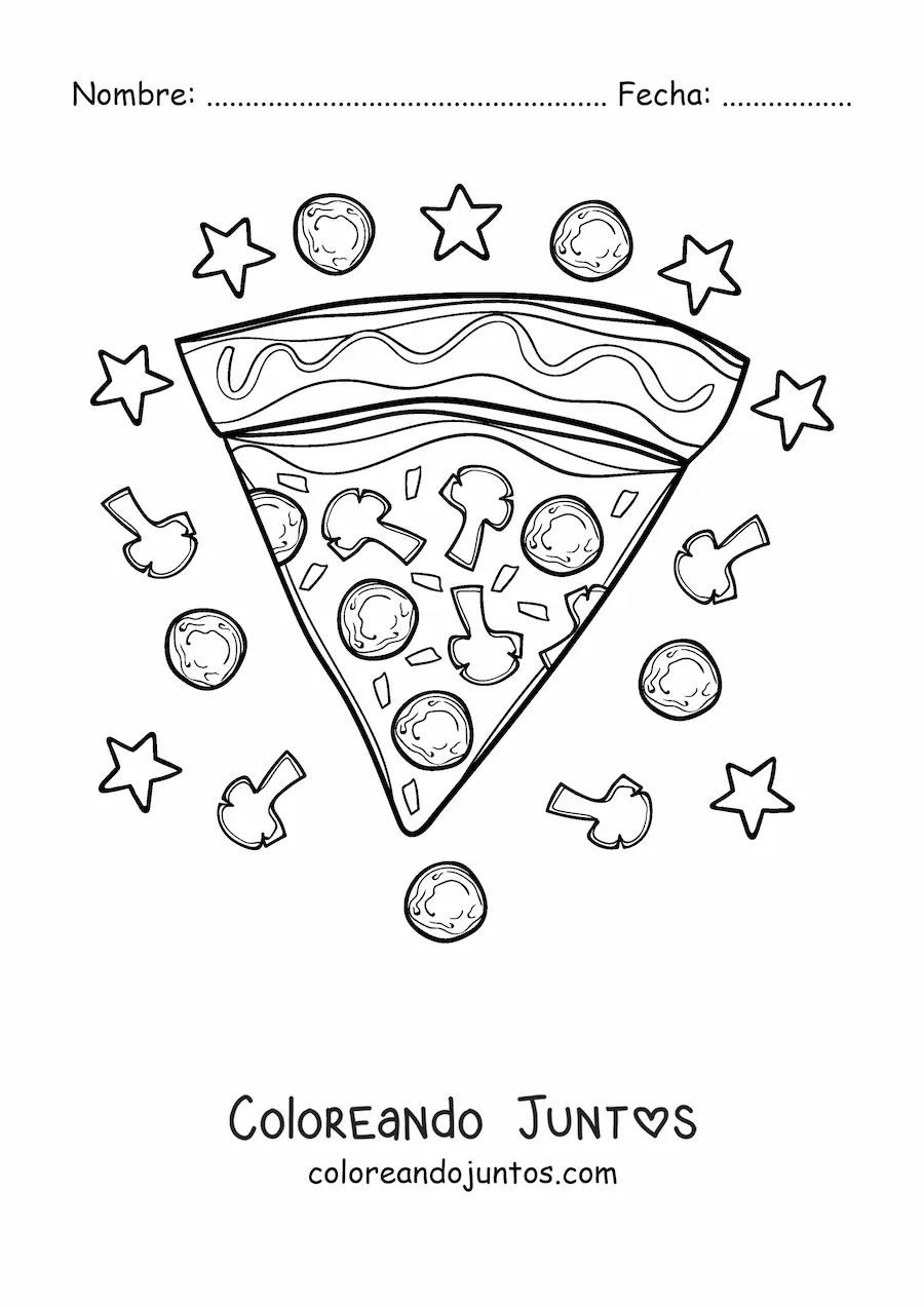 Imagen para colorear de una rebanada de pizza rodeada de estrellas e ingredientes