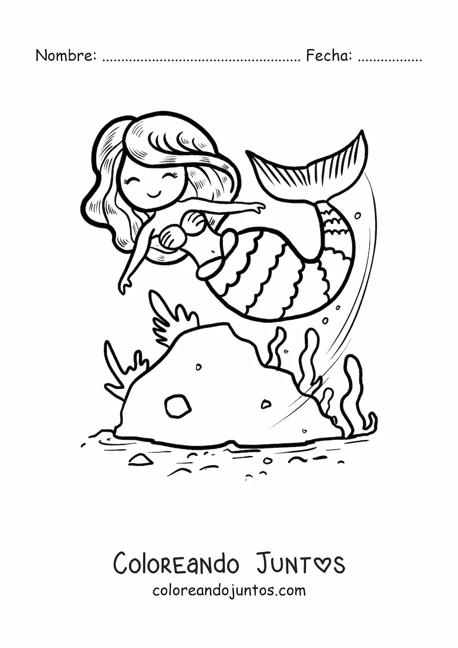 Imagen para colorear de sirena tierna animada nadando en el mar