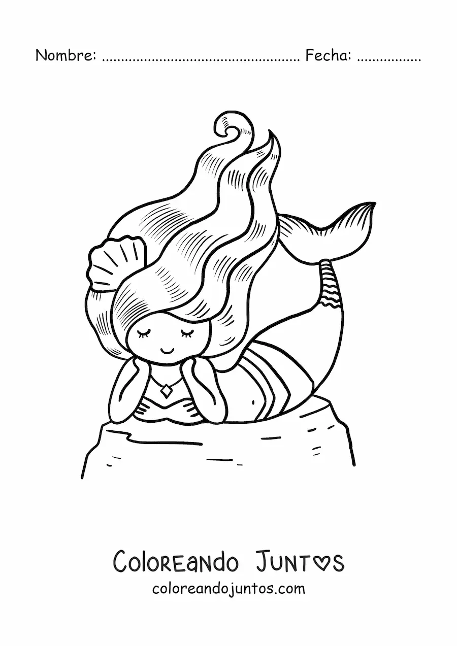 Imagen para colorear de hermosa sirena acostada en una roca