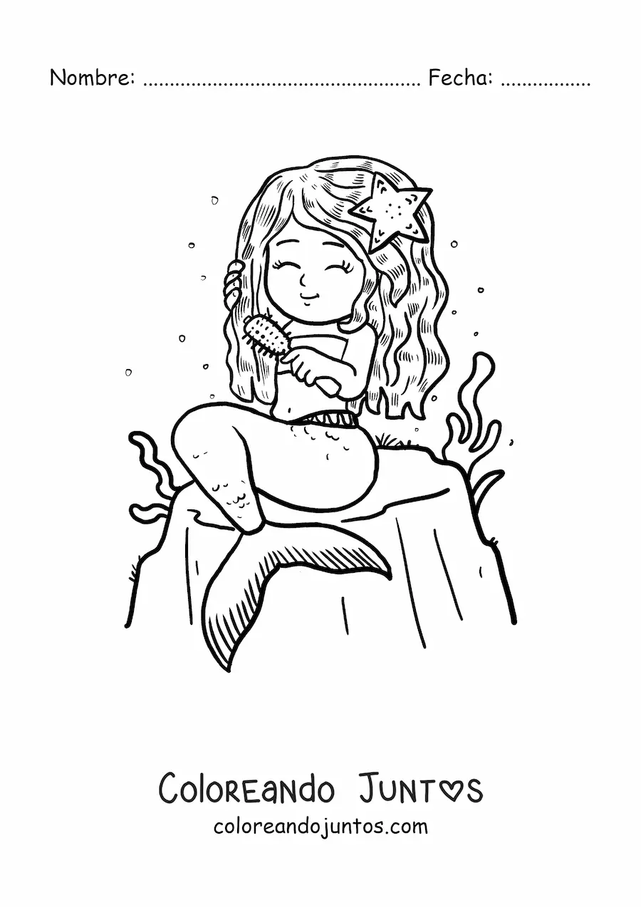 Imagen para colorear de sirena animada sentada en una roca peinándose