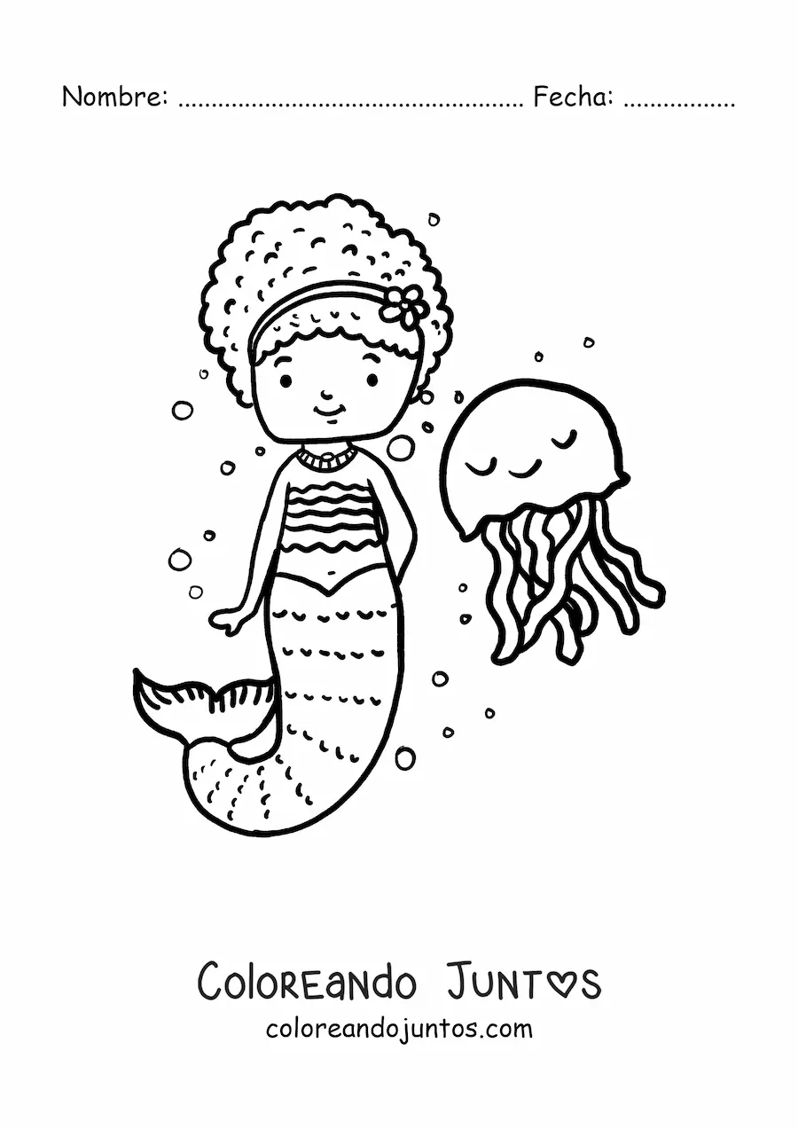 Imagen para colorear de sirena animada junto a una medusa