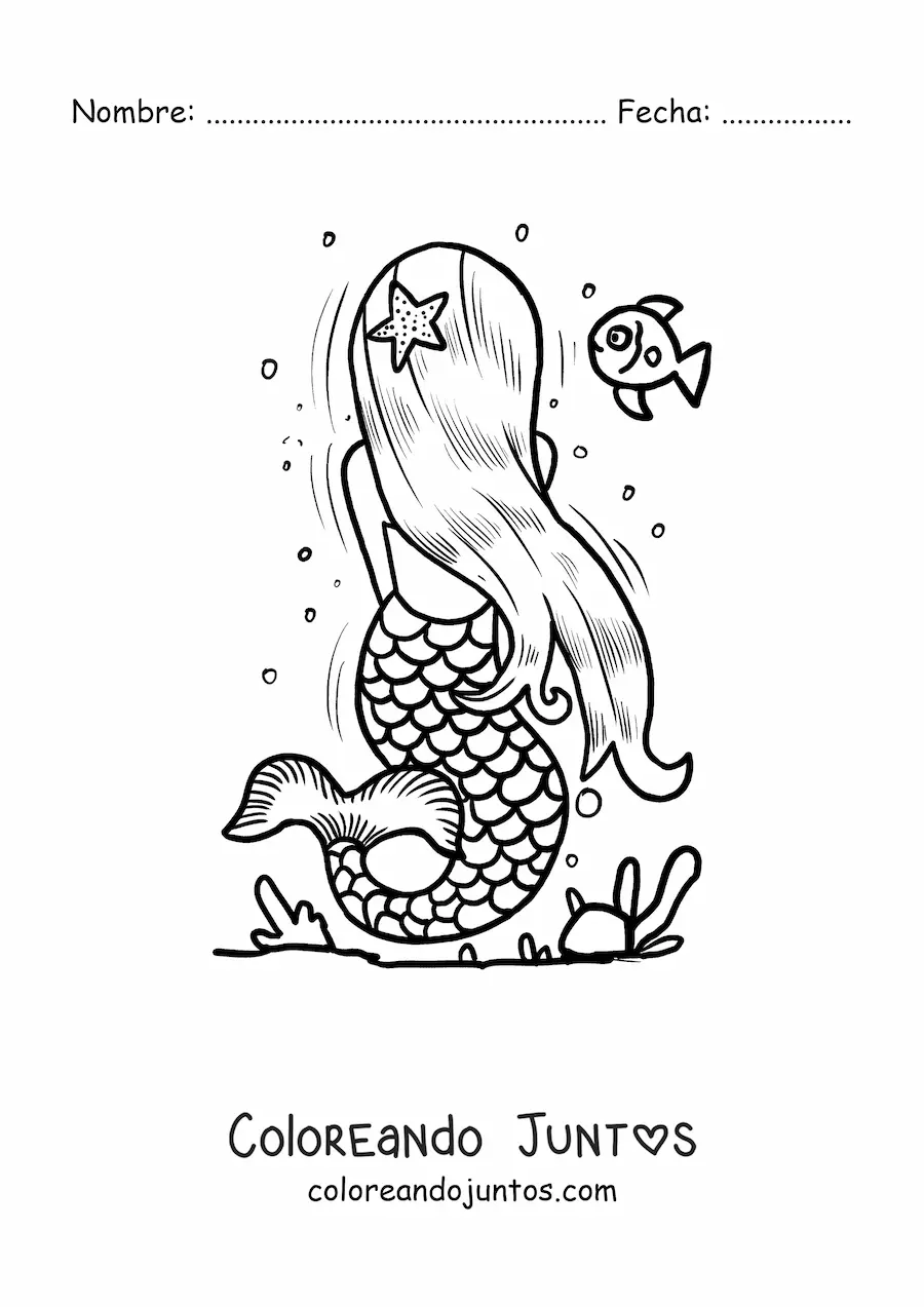 Imagen para colorear de sirena de espaldas en el mar