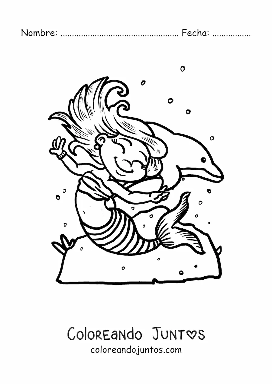 Imagen para colorear de sirena animada bailando con un delfín