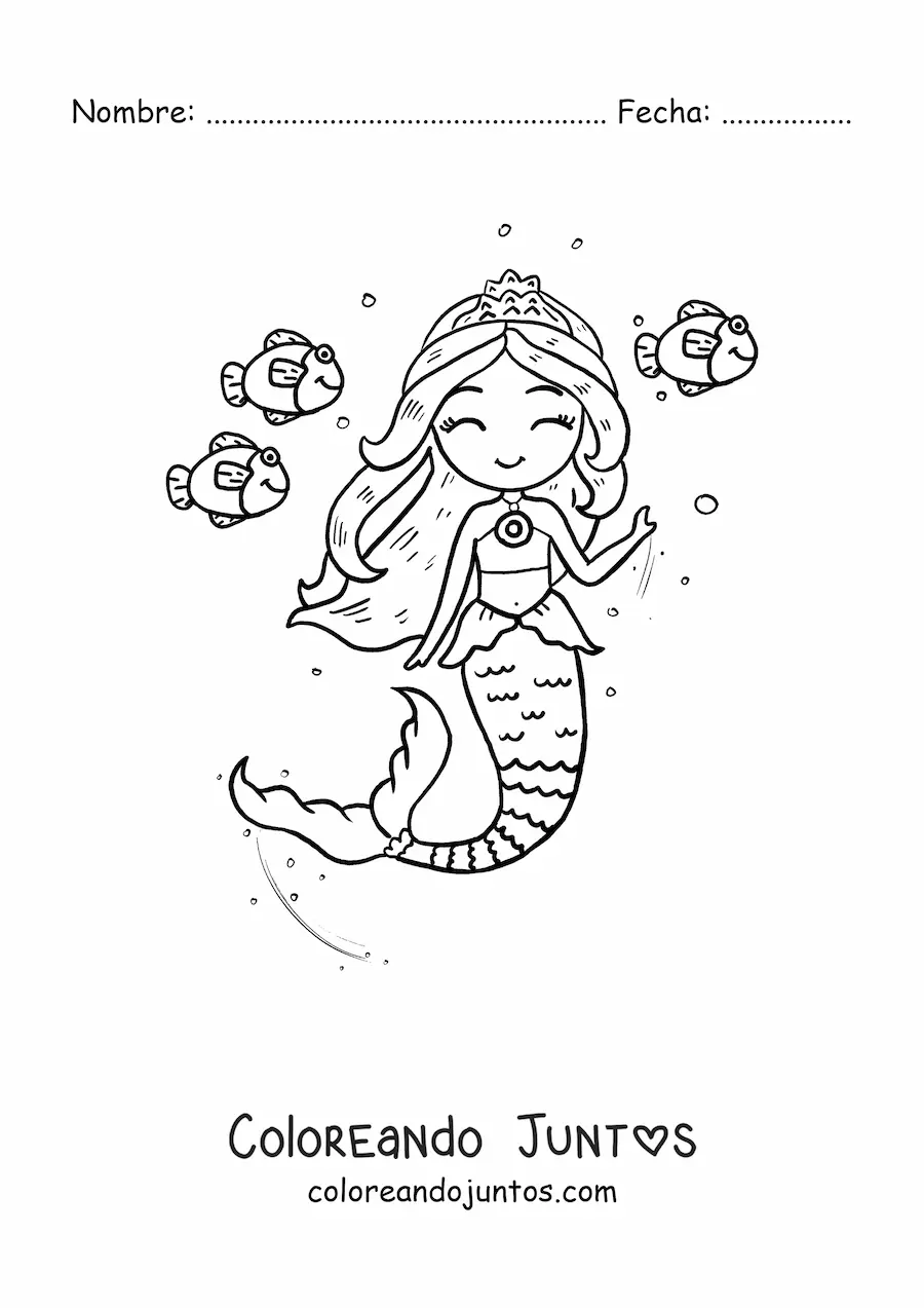 Imagen para colorear de princesa sirena nadando con peces