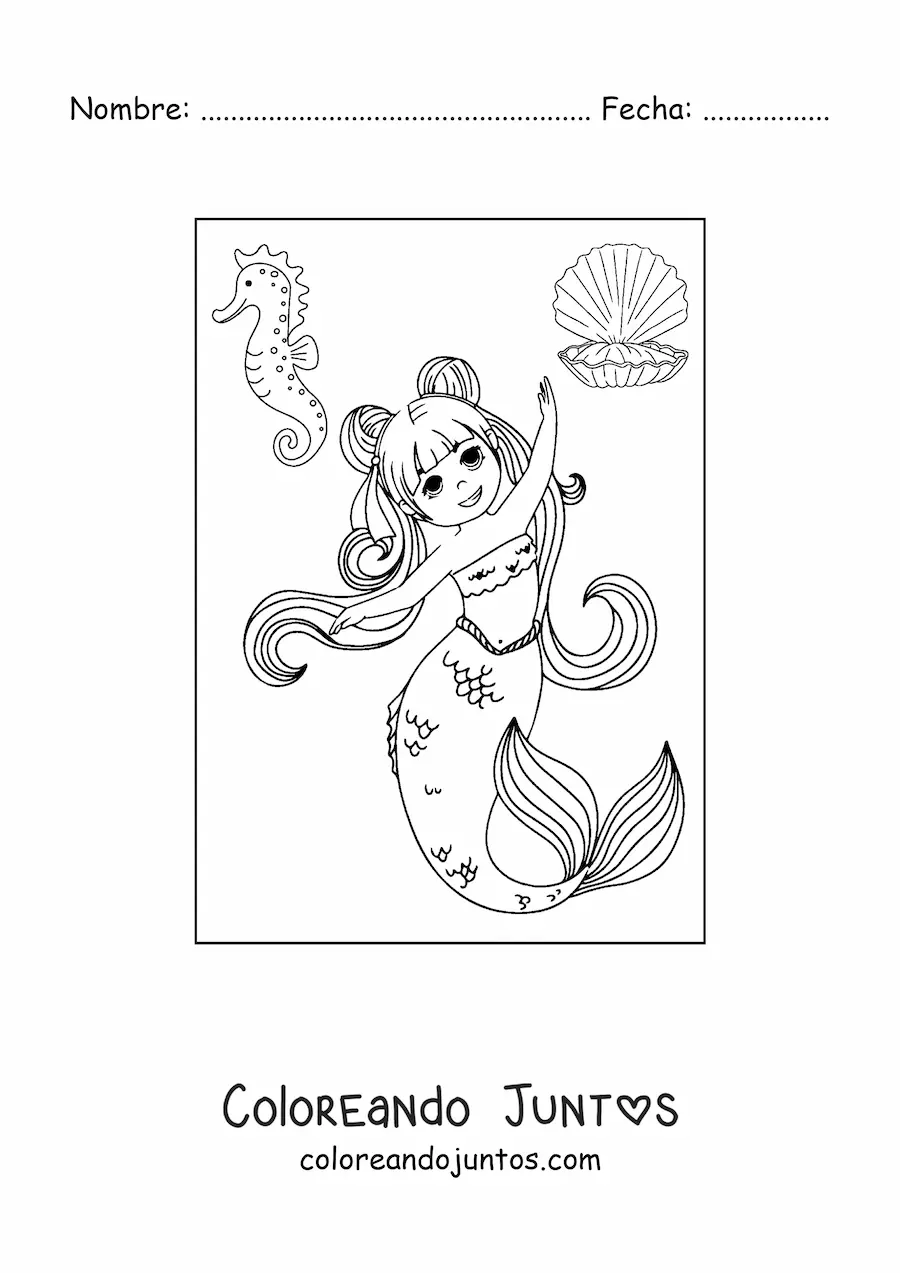 Imagen para colorear de sirena estilo anime bailando con caballito de mar