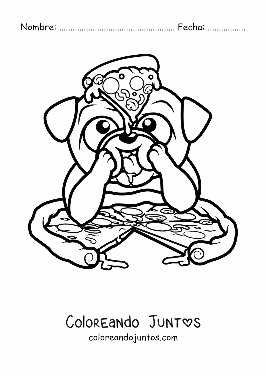 Imagen para colorear de un pug animado comiendo una pizza