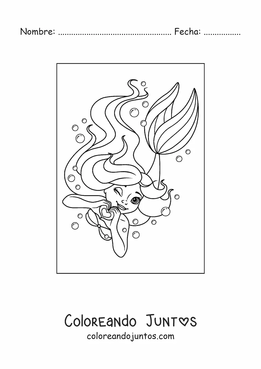 Imagen para colorear de hermosa sirena nadando bajo el agua