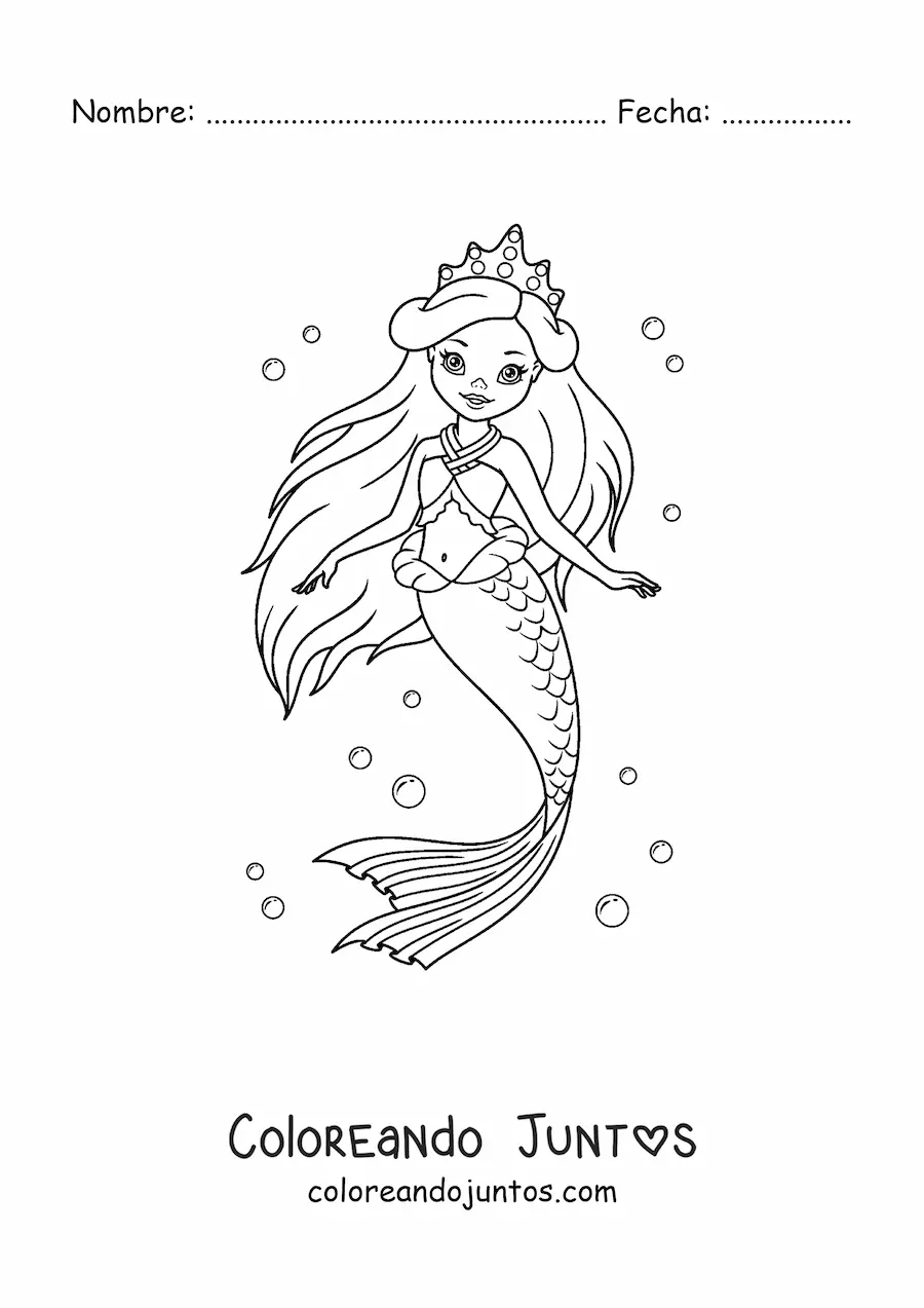 Imagen para colorear de hermosa princesa sirena en el mar