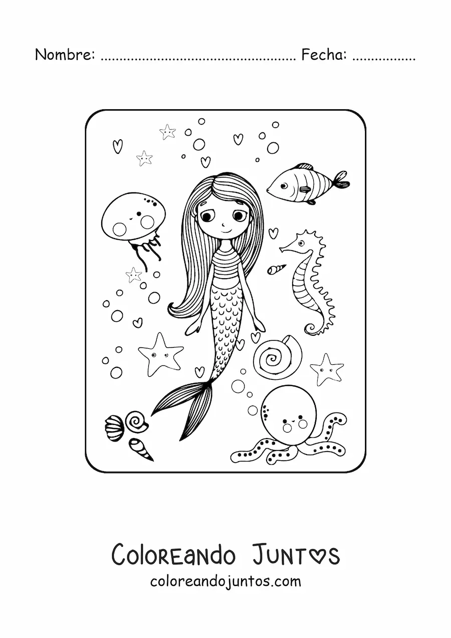 Imagen para colorear de sirena animada con peces