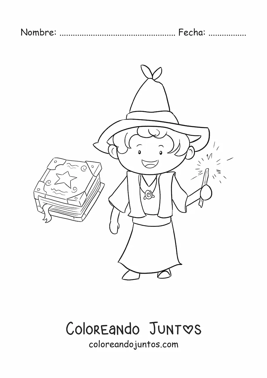 Imagen para colorear de hechicero con varita y libro de hechizos