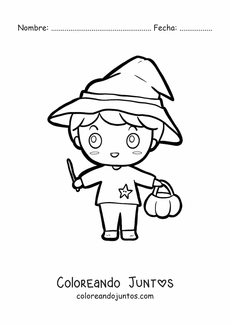 Imagen para colorear de niño kawaii disfrazado de hechicero en Halloween